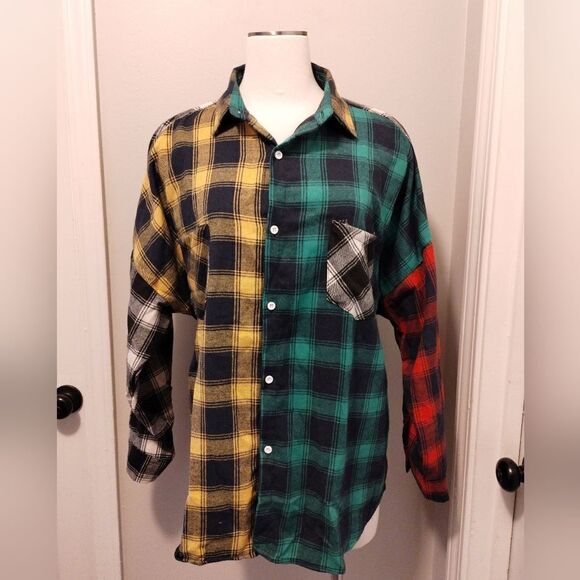 Unisex Plaid Color Block Shirt - Picture 1 of 6